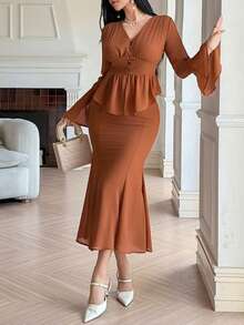 DAZY Elegant & Chic Bell Sleeve Top And Skirt 2 Pieces Set For Women - Coral Orange - View 4