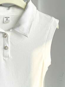 SHEIN Tween Girls' White Knit Ribbed Polo Collar Casual Minimalist Elegant Sleeveless Fitted Tank Top - White - View 5