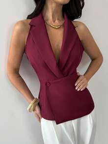 Firerie 女士优雅简约时尚通勤都市风翻领腰带酒红色西装背心 - 酒紅色 - 查看 7