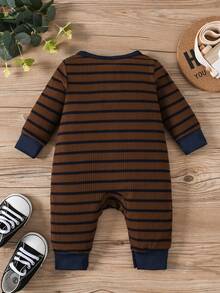 Baby Boy Fashionable Casual Striped Long Sleeve Jumpsuit With Pocket & Snap Button, Simple And Elegant For Spring And Autumn - Brown - View 2