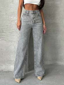 EURMUSE High Waist Casual Fashion Straight Loose Daily Wear Jeans - Grey - View 3