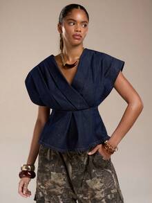 Normani Women Pleated Off Shoulder Backless Denim Top - Dark Wash - View 1