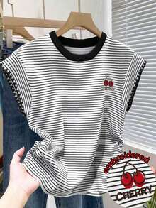 Resyla Women's Striped Round Neck Cherry Embroidery Graphic Casual Everyday Short Sleeve T-Shirt - Multicolor - View 5