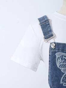 Tween Girls' Bow Print Jumpsuit,Straight Wide-Leg Blue White Suspender Style Denim Overalls For Summer,Casual,School,Back-To-School Outdoor Activities - Blue - View 9