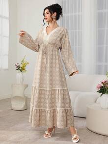 Al Najma Middle Eastern Style Vacation Woven Strap Puff Print Slimming V-Neck Waist Maxi Dress, Turkish Long Robe - Khaki - View 3