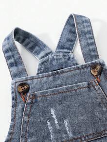 SHEIN 男童韩版休闲可爱百搭蓝色水洗牛仔背带裤（仅裤子） - 淺色水洗藍 - 查看 5