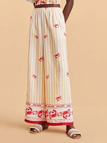 Travachic 女士条纹螃蟹印花休闲百搭阔腿裤，适合日常穿着 - 紅白色 - 查看 4