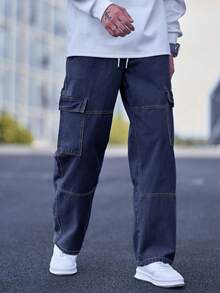 Manfinity Hypemode Loose Fit Men's Top-Stitching Drawstring Waist Cargo Jeans - Dark Wash - View 5