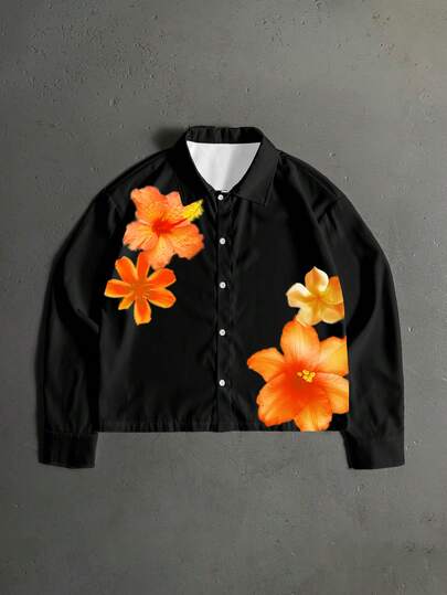 Manfinity ZONE917 Boxy Loose Floral Print Short Sleeve Casual Shirt, Suitable For Summer, Great Gift For Boyfriend