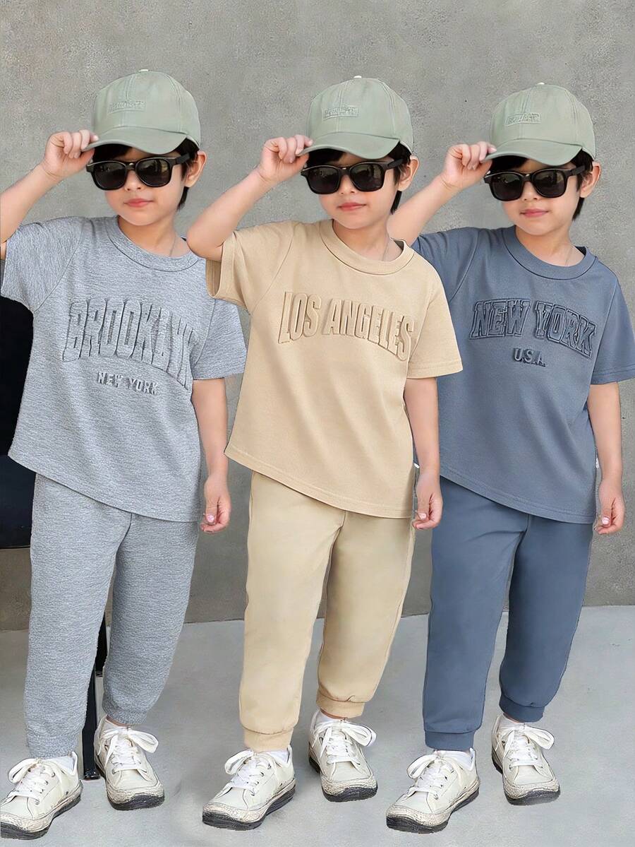 SHEIN 6件套男童休闲百搭纯色简约字母压纹短袖T恤和松紧腰裤套装，基础多件套
