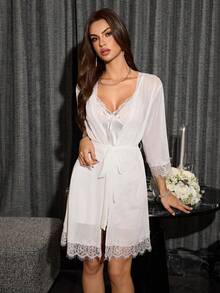 SilkySpell Solid Color Sexy Lace Slit Nightgown Robe Sleepwear Set, French Boudoir Sexy Mesh Lace Lingerie Set For Women - White - View 5