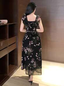 DAZY Women's Elegant Floral Print Ruffle Trim Square Neck Dress, Summer - Black - View 4