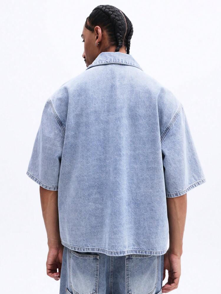 Men Denim Short Sleeve Polo Top With Chest Pocket And Partial Button Placket Light Wash Summer Casual Shirt
