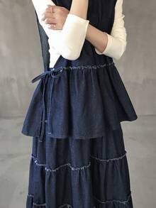 FRIFUL Ensemble en jean décontracté pour femmes avec volants à l'ourlet et liens - Bleu azur - Voir 6
