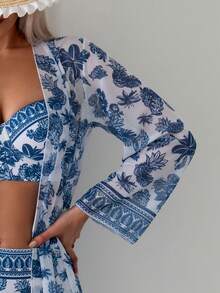 Swim Vcay Biquíni Underwire e Conjunto com Estampa de Posicionamento e Cobertura estilo Quimono para Praia de Verão - Azul e branco - Ver 5