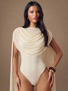 SHEIN BAE Bộ áo liền thân ôm sát màu đỏ tía cổ tròn có nơ dành cho nữ, thích hợp cho tiệc tốt nghiệp, các dịp trang trọng, tiệc cocktail, hẹn hò lãng mạn, lớp lót mùa thu/đông, các buổi tụ họp, hộp đêm, Halloween, Giáng sinh. - Màu be - Xem 3