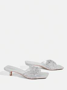CUCCOO TILAWA 时尚方头猫跟银色露趾透明水钻套脚凉鞋，优雅时尚中跟女式凉鞋 - 銀色 - 查看 4