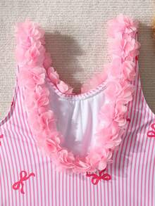 SHEIN Tween Girl Butterfly Striped Print 3D Floral One-Piece Swimsuit, Pink - Baby Pink - View 6