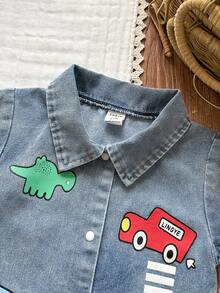 SHEIN Vintaside Kids 男婴卡通汽车恐龙印花短袖连体衣，夏季 - 藍色 - 查看 6