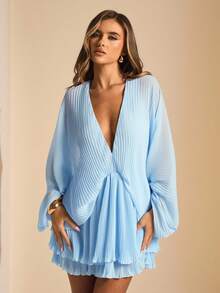 SHEIN BAE Baby Blue Elegant Ruched V-Neck Backless Batwing Sleeve Mini Dress, Suitable For Wedding Guest, Brunch, Social Occasions, Summer, Date, Birthday Party - Baby Blue - View 4