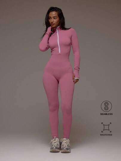 Musera Sport Funnel Neck Long Sleeve Contrast Zip Active Jumpsuit Sport Workout Gym Pilates Fitness Daily Casual Smoky Quartz