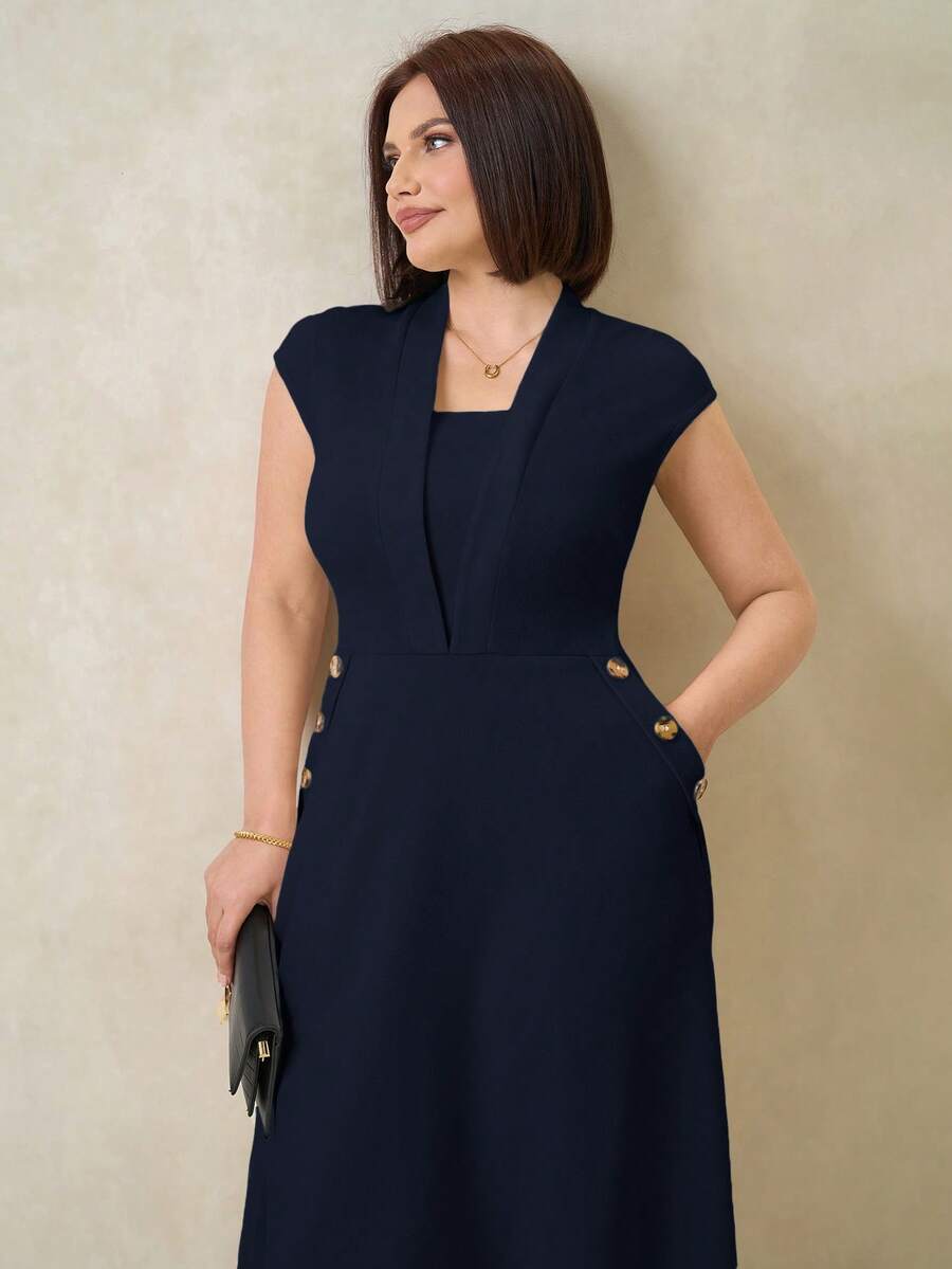 SHEIN Clasi Plus Size Elegant Button Decor Office Dress - Navy Blue - View 1