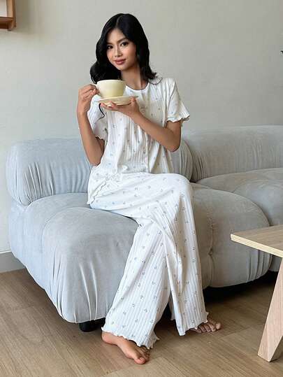 DAZY 少女碎花短袖纽扣上衣和裤子睡衣套装