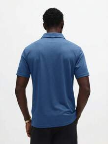 SUMWON Áo Polo nam Essential Muscle Fit tay ngắn, khóa kéo nửa thân và logo thêu, thích hợp cho mùa hè, phong cách công sở thường ngày. - Màu xanh lam - Xem 2