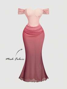 SHEIN MOD Đầm lưới trễ vai xếp ly ombre thanh lịch dành cho nữ - Nhiều màu - Xem 5