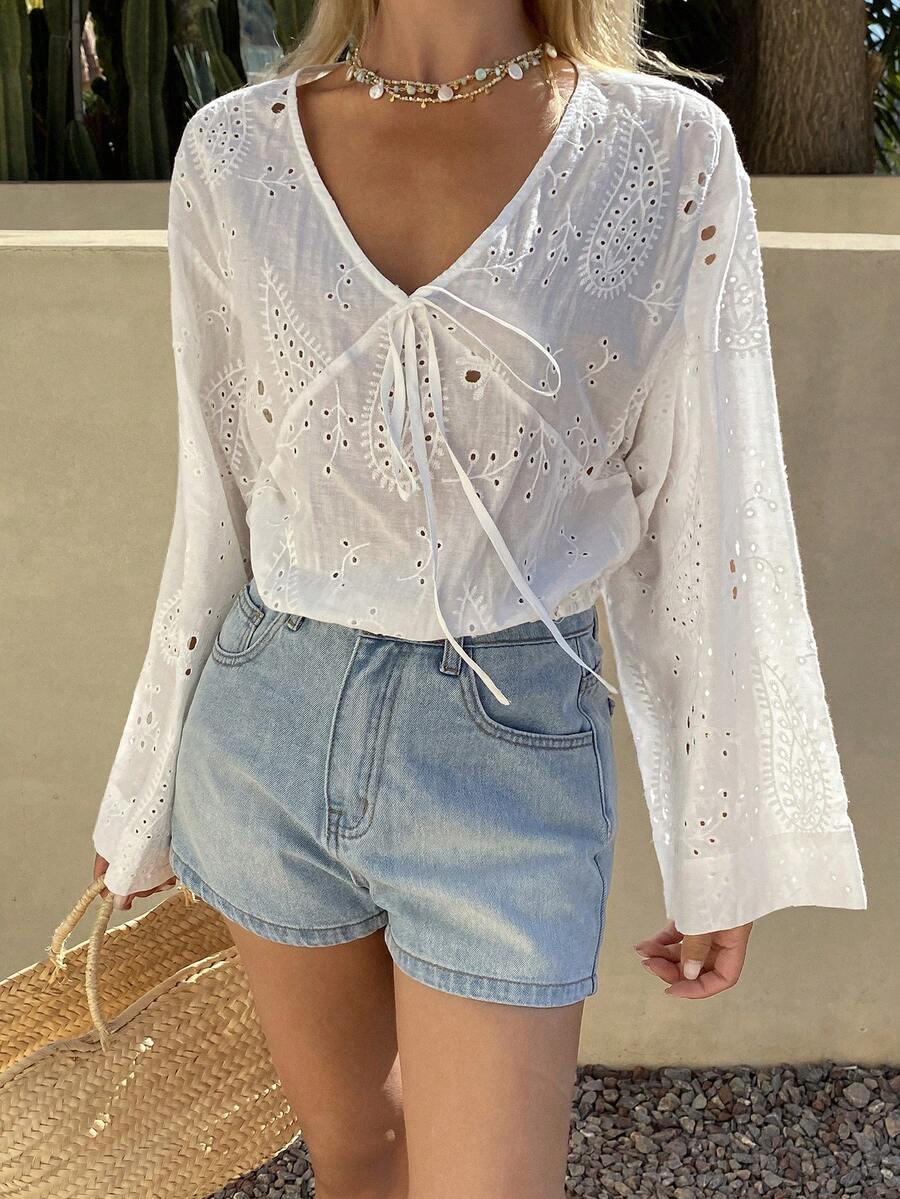 DAZY Women's Loose V-Neck Long Sleeve Textured Jacquard Fabric Cropped Casual Vacation Blouse, Spring/Summer - White - View 1