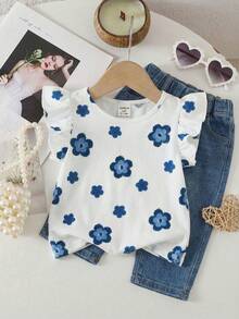 SHEIN Baby Girls' Round Neck Ruffle Trim Floral Print Casual Top, Summer - Multicolor - View 1