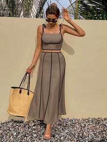 SHEIN Frenchy Women's Colorblock Camisole Top And Skirt 2 Pieces Set, Fashionable For Vacation, Date, And Outings - Mocha Brown - View 4