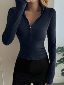 DAZY Zip-Up Fitted Jacket, Suitable For Summer And Spring - Navy Blue - View 3