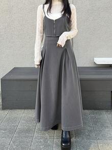 FRIFUL 女士宽松吊带背心和A字裙两件套 - 灰色 - 查看 1