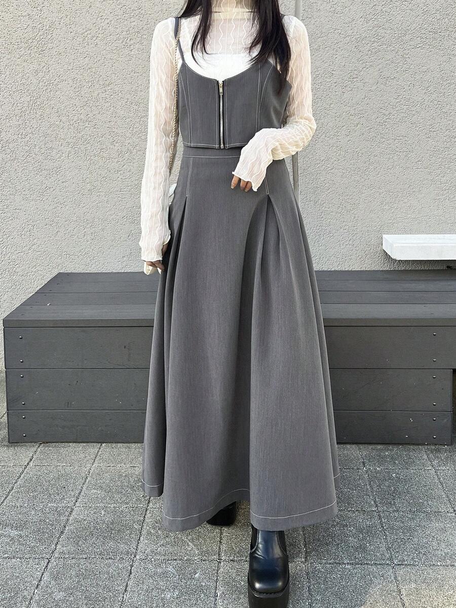 FRIFUL 女士宽松吊带背心和A字裙两件套 - 灰色 - 查看 1