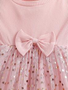 Souflis Souflis Cute Baby Girls Pink Round Neck Long Sleeve Geometric Star Short Dress With Ruffle Details And Bow - Pink - View 7