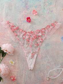 Floral Embroidered Sheer Romantic Countryside Everyday Women's Thong Panties - Pink - View 5