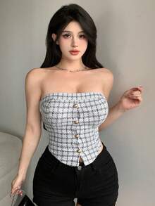 DAZY 女士格子不对称下摆抹胸上衣，单排扣设计，性感女士上衣，外出上衣，露脐上衣 - 黑與白 - 查看 8