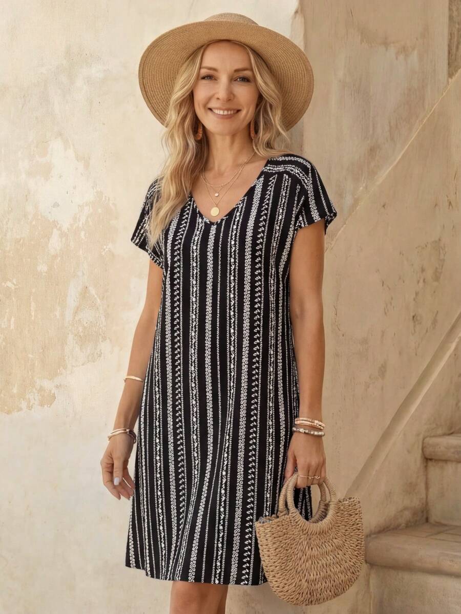 Faunlyn Vestido De Cuello En V Con Estampado Floral Para Mujeres - Blanco y Negro - Ver 1
