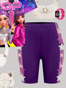 2件套少女卡通人物图案宽松圆领短袖T恤和紧身骑行短裤，春夏日常休闲外出套装 - 彩色 - 查看 5