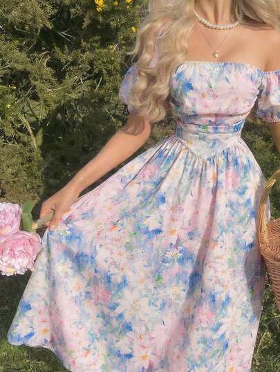 SHEIN MOD Plus Size Women's Off-Shoulder Puff Sleeve Floral Painting Midi Dress, Spring