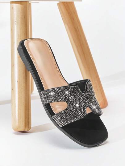 Mini mi Kids Black Sparkling Rhinestone H Slide Sandal - Anti-Slip, Comfort, Bigtime Style, Essential And Timeless