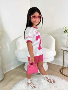 年轻女孩休闲街头风粉白79图案宽松T恤和打底裤套装 - 粉色 - 查看 4