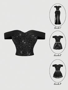 SHEIN MOD Women's Black Summer 70s Party Off-Shoulder Vintage Court Top,Shiny Sequin Embroidery,Sparkling Rhinestone Embellished Fitted Elegant Glitter Top - Black - View 1