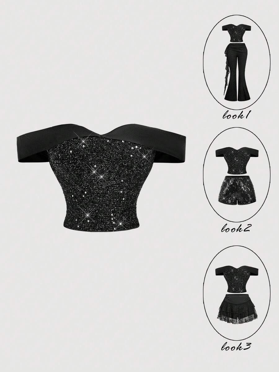 SHEIN MOD Women's Black Summer 70s Party Off-Shoulder Vintage Court Top,Shiny Sequin Embroidery,Sparkling Rhinestone Embellished Fitted Elegant Glitter Top - Black - View 1