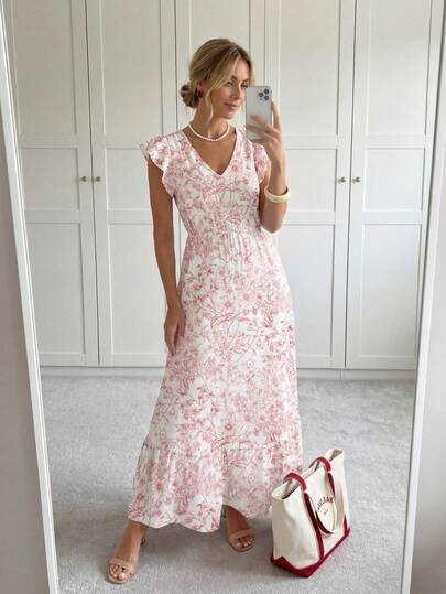 Easowa V-Neck Ruffle Trim Floral Print Flutter Sleeve Ruffle Hem A-Line Maxi Dress, Casual Vacation Dress For Women Suitable For Going Out Fall Clothes Chic Dress,Casual