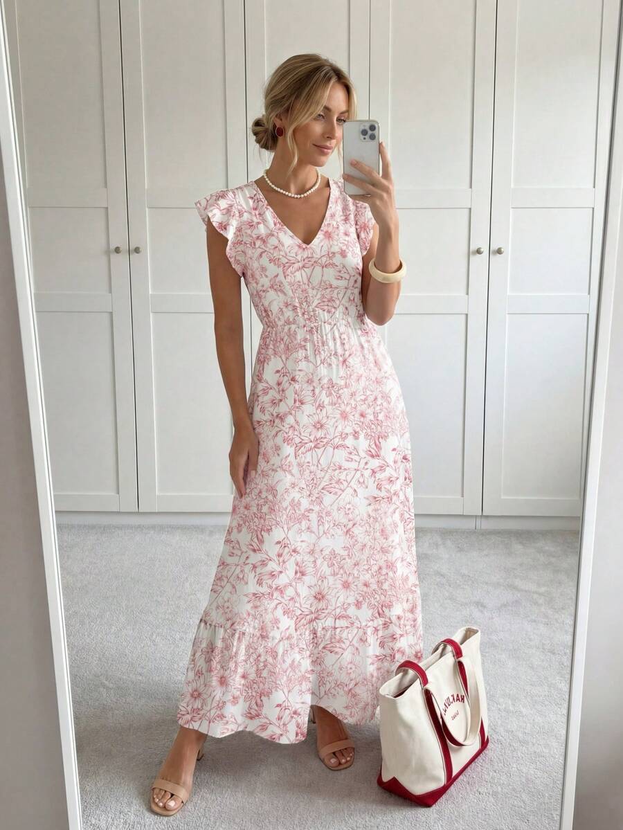 Easowa V领荷叶边印花飘逸袖荷叶边下摆A字型长连衣裙，休闲度假连衣裙，适合女士外出，秋季时尚连衣裙，休闲百搭。 - 彩色 - 查看 1