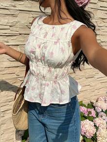 Serisse Women's Round Neck Sleeveless Ruffle Embroidery & Floral Print Blouse - Baby Pink - View 1