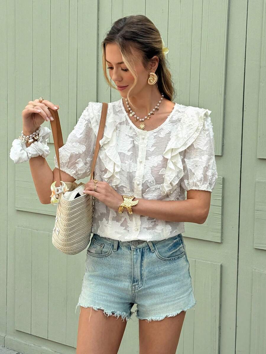 SHEIN Frenchy Women's Elegant Round Neck Cutout Ruffle Trim Solid Color Short Sleeve Cut Flower Chiffon Shirt Casual Shirt, Vacation Style,Acquard Textured Babydoll,Romantic Jacquard Flower Summer Tops,Ruffled Top, For Everyday Wear,French Holiday Casual Outfits,Summer Tops,Summer, Valentine's Day, Carnival, Party ,Wedding ,Birthday, Elegant ,Vacation, Casual ,Summer Tops ,Fasching Women Costume - Apricot - View 1