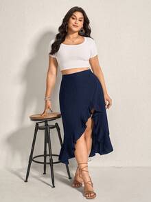 Comfylo Plus Ruffle Trim Asymmetrical Hem Summer Women Skirt - Navy Blue - View 5